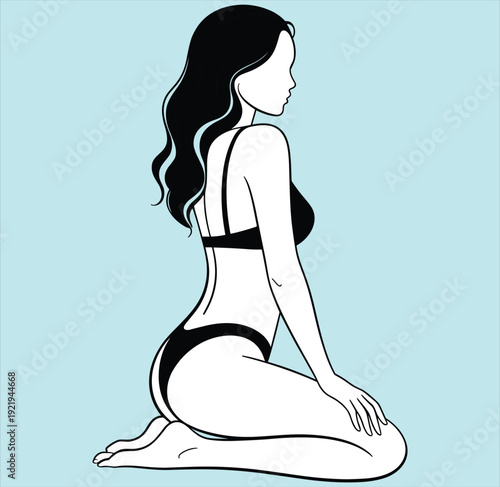Sexy woman in lingerie kneeling pose illustration, female silhouette fashion art vector on pastel background