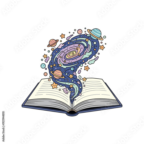 Cosmic scene emerging from open book, showing planets and stars in a swirling galaxy illustration.