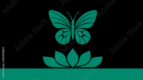 A teal butterfly hovers above a stylized lotus flower, set against a black backdrop