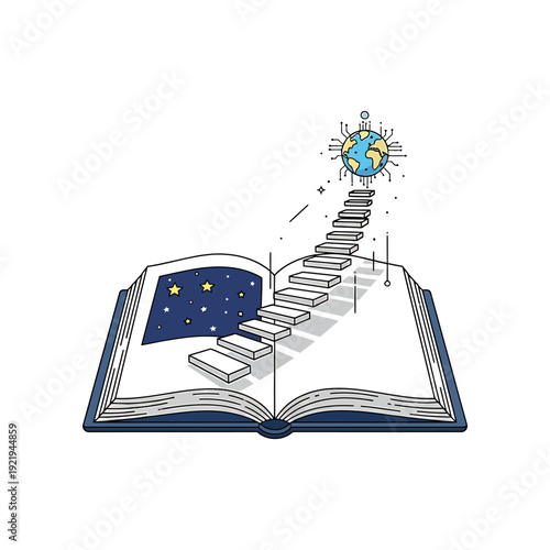 An open book with stairs leading to a glowing Earth, symbolizing knowledge and exploration.