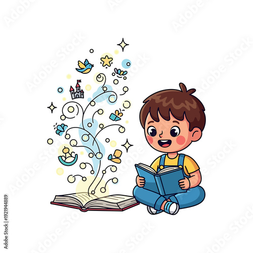 A young boy sitting cross-legged reads a book with magical illustrations floating up.