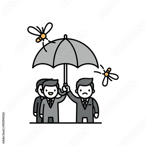 Two businessmen standing together under an umbrella, avoiding mosquitoes, simple illustration style