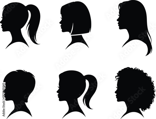 Women hairstyle silhouette collection, female head profile icons with ponytail, bob, long and curly hair vector set