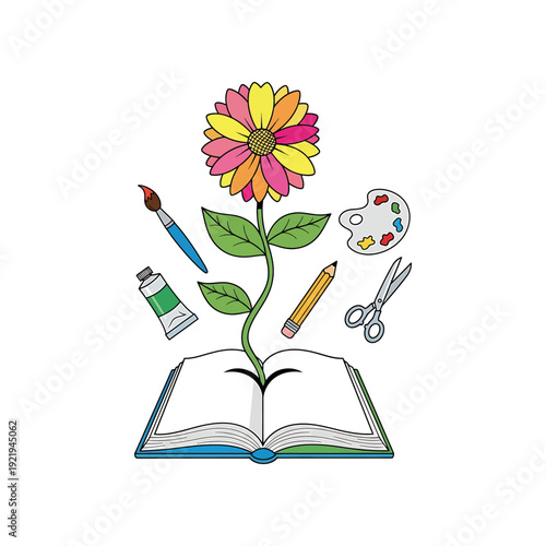 Creative illustration of a flower blooming from an open book surrounded by art supplies in a colorful, educational setting
