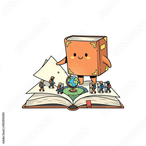 A cartoon book character standing on an open book with a globe and people exploring around it