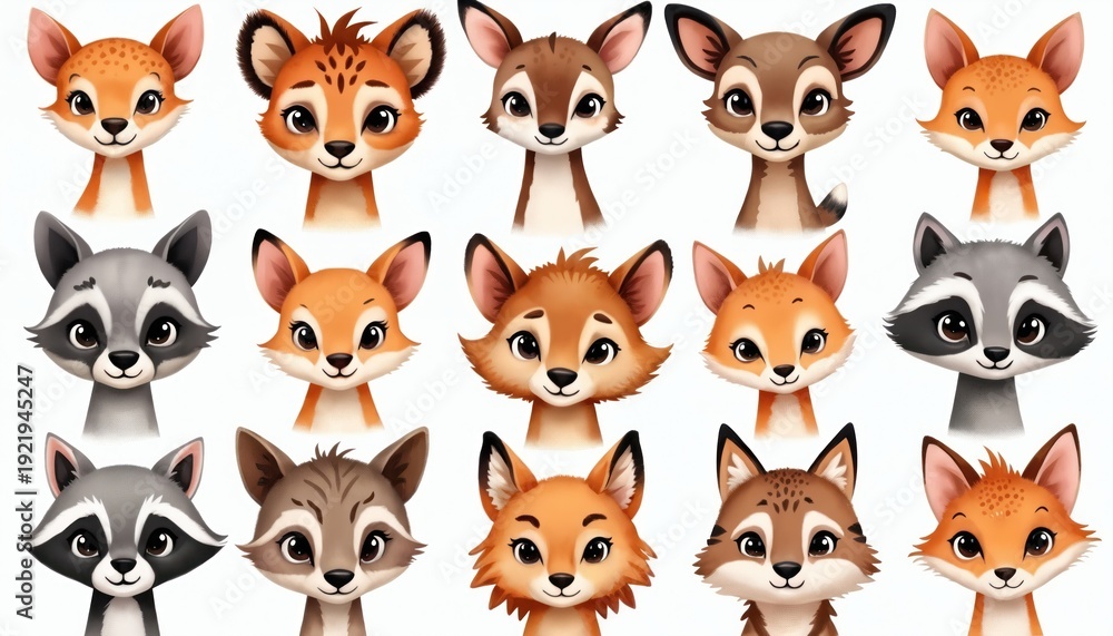 Fototapeta premium Collection of cute forest animal faces. Features foxes, deer, and raccoons in a watercolor illustration style. Perfect for children books, posters, and decor.