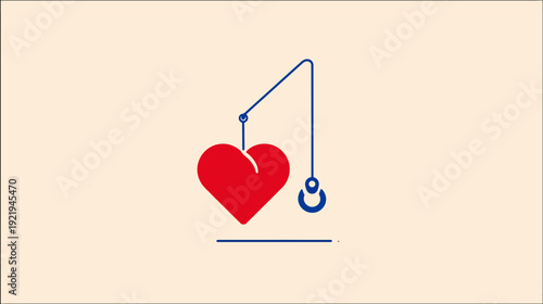 A red heart hanging from a blue crane hook against a beige background. Simple illustration