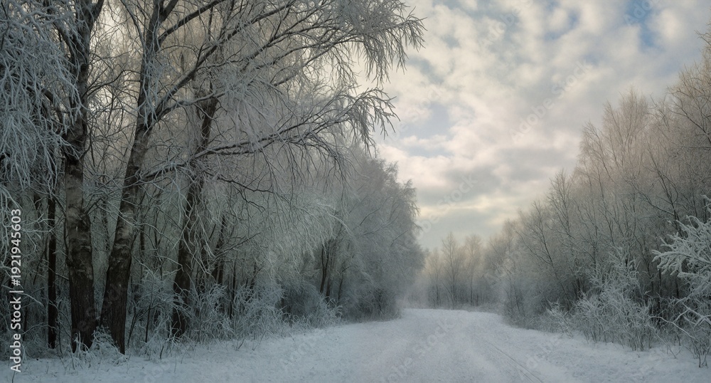 Obraz premium icy winter road through snow covered forest with frosted trees.