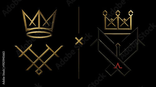 Gold and black graphical arrangement on a black background. Crowns, shapes and lines intersect