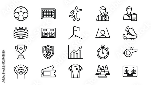 Soccer Sports Icons: Ball, Goal, Player, Stadium, Trophy & Referee