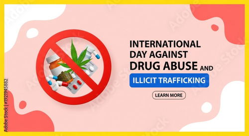 Detailed flat design poster for International Day against Drug Abuse and Illicit Trafficking, symbolizing global awareness campaign against narcotics and illegal trafficking on a soft pink b