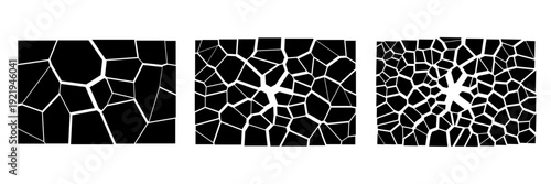 Three black and white vector patterns of cracking or fracturing ice or glass. Abstract broken surface design element for background or texture.