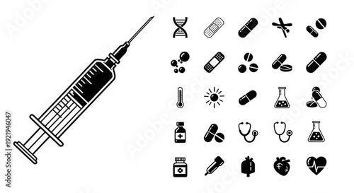 Detailed black and white illustration of a syringe and various medical icons arranged neatly, showcasing a minimalist medical theme in a clean and organized artistic style, symbolizing healt