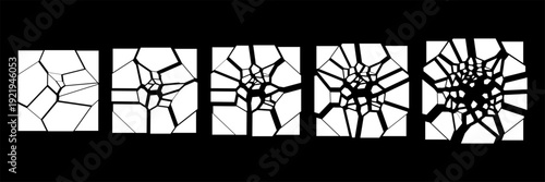 Black and white abstract broken glass panels. Sequential mosaic crack pattern for background design. Modern graphic art for texture creation.	