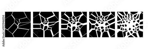 Black and white abstract broken glass panels. Sequential mosaic crack pattern for background design. Modern graphic art for texture creation.