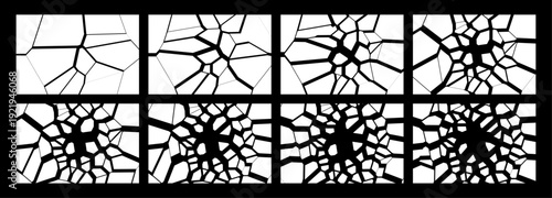 Vector animation sprite sheet of shattered glass in motion. Progressive destruction concept for video game assets and visual effects simulation.