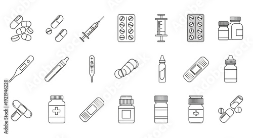 Medical Supplies and Medication Icons - A Collection of Pill Bottles, Syringes, and Pills in Simple Line Art on White Background