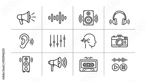 Versatile Audio and Media Line Art Icons Set for Sound, Music, and Entertainment