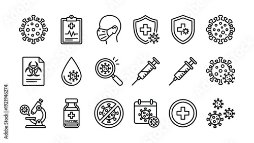 COVID-19 and Vaccine Line Icons Set for Pandemic Health and Safety Protocols
