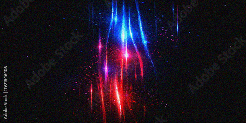 Vibrant fireworks glow in the dark night sky with a bright rainbow of color and energy as a glowing star design creates a red and orange flame effect on a black texture backdrop wallpaper