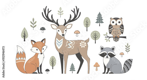 Woodland Forest Animals Collection with Deer, Fox, Raccoon and Owl