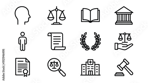 Modern Line Art Legal and Justice Icon Set: Law, Court, and Government Symbols