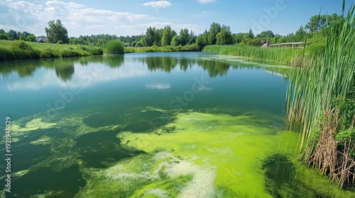 Algal Bloom Covering Rural Pond Surface Under Overcast Lighting Reflecting Trees and Sky