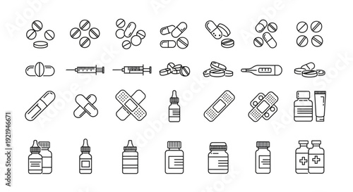 A collection of simple line icons representing various medical and pharmaceutical items, in black and white - Medical icons set including pills, syringes, and medicine bottles