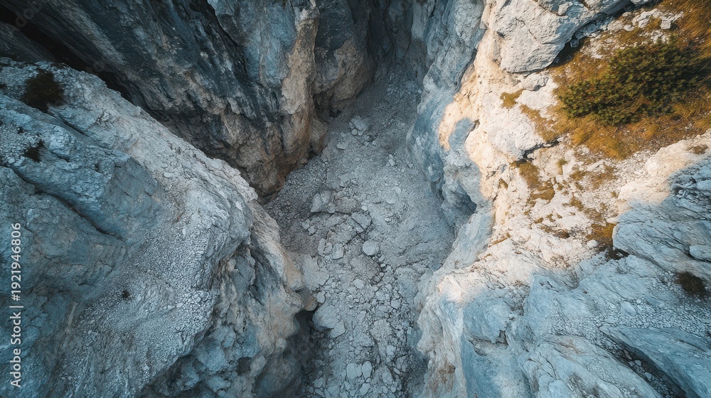 Naklejka premium Aerial view of rugged mountain terrain with deep rocky crevices and natural formations
