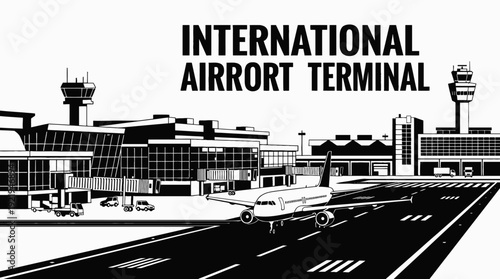 international airport terminal aviation runway airplane passenger departure arrival transport travel infrastructure business modern design vector illustration