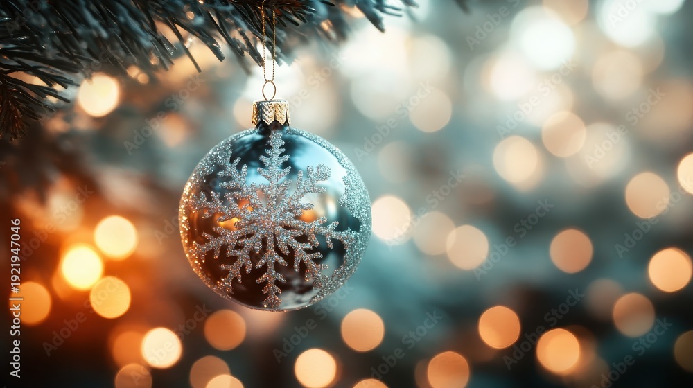 Obraz premium A dazzling snowflake Christmas ornament glitters on a festive tree with soft bokeh lights