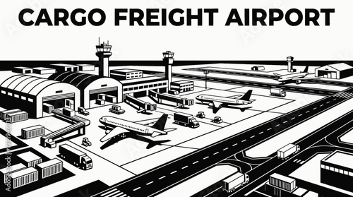 cargo airport terminal aviation runway airplane logistics transport freight infrastructure warehouse business industrial design vector illustration