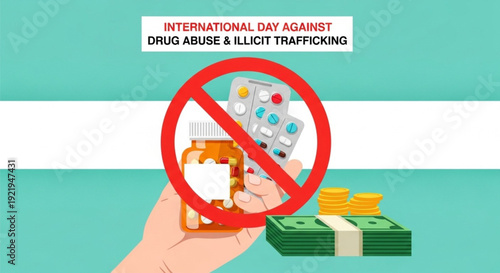 Hand holding a sign with a red circle and line through it over a syringe, pill bottle, and money, symbolizing opposition to drug abuse and illicit trafficking on International Day against Dr