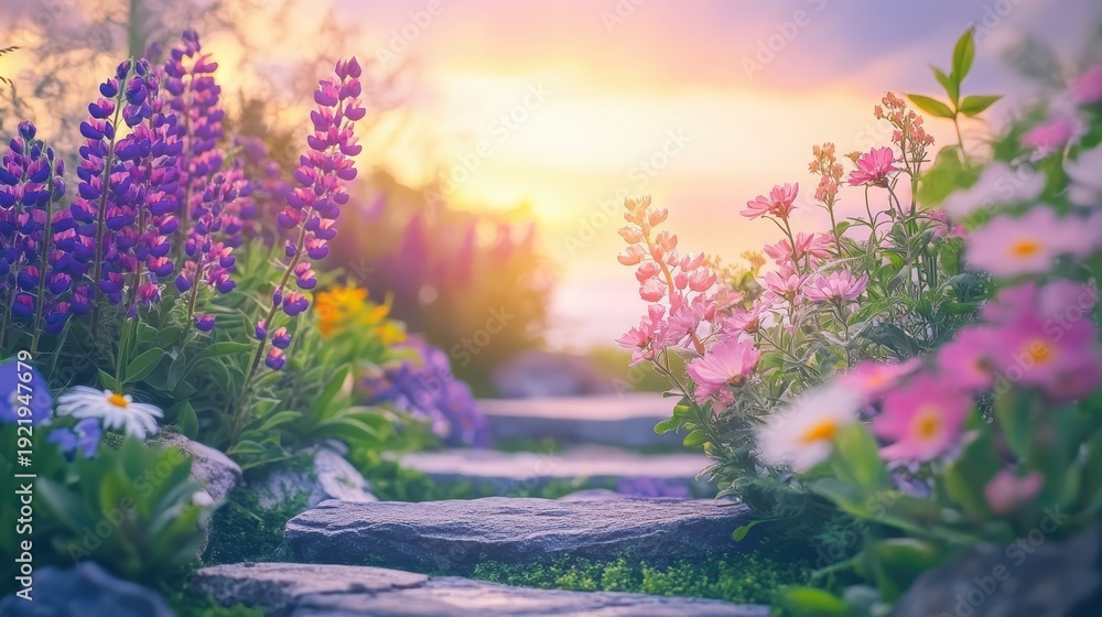 Obraz premium A stone pathway winding through a vibrant garden blooming with colorful wildflowers under the soft golden hour light.