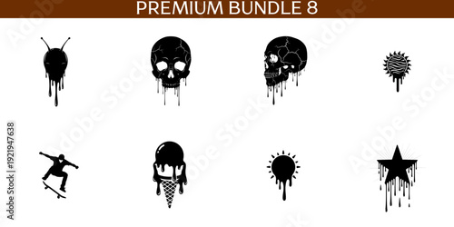 Skateboarder performing trick with abstract sunburst and text on white background skateboarding jump