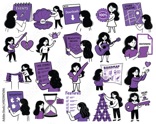 Doodle-style illustration set with a purple theme, featuring business and web elements like events, downloads, guarantees, store locator, whitepaper, roadmap, and features.
