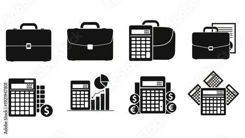 Black and white vector business finance accounting icon set with calculators briefcases EPS10 Stock.eps