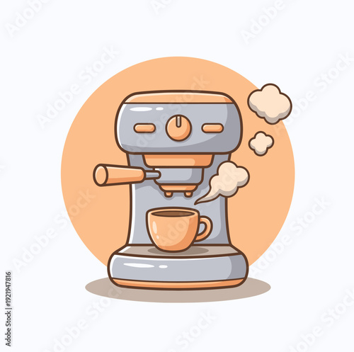 A stylized espresso machine is shown actively brewing hot coffee into a small cup with visible steam escaping the appliance.
