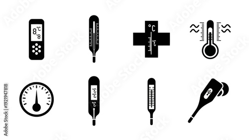 Black Flat Vector Thermometer Icons Set Temperature Measurement Glyphs EPS10 Stock.eps