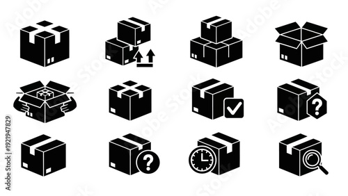 Black Flat Shipping Delivery and Logistics Box Icons Set EPS10 Stock.eps