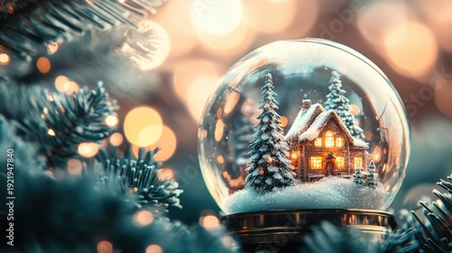 Enchanting Christmas snow globe scene with a miniature village and warm lights