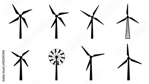 Black vector wind turbine and windmill silhouettes for renewable energy icons EPS10 Stock.eps