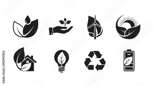 Clean Black and White Eco Friendly Sustainability Vector Icons Set EPS10 Stock.eps