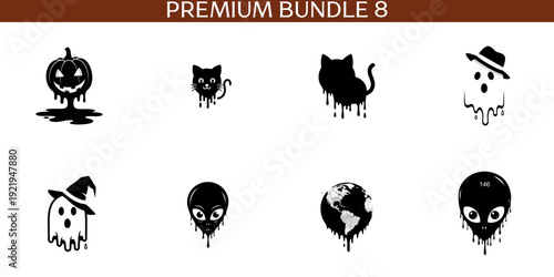 Black silhouette dripping Halloween pumpkin cat ghost alien earth and alien head black white melting