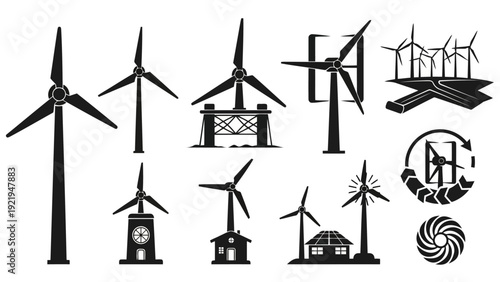 Diverse Wind Turbines Renewable Energy Silhouette Icons Collection EPS10 Stock.eps