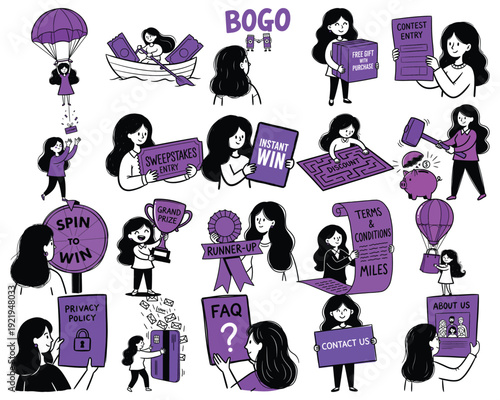 Woman illustrating promotional concepts like BOGO, contests, discounts, and sweepstakes for retail and marketing.