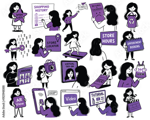 Woman representing online shopping features like wishlists, order tracking, virtual try-on, and AR views.