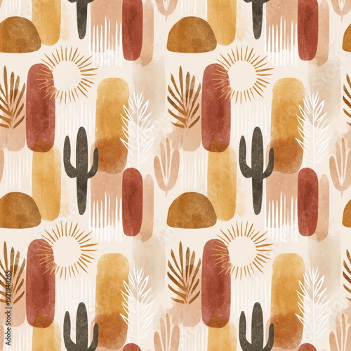 Wallpaper Mural Seamless Pattern Boho Desert Sun and Cactus Design in Earthy Warm Tones for Textiles and Home Decor Torontodigital.ca