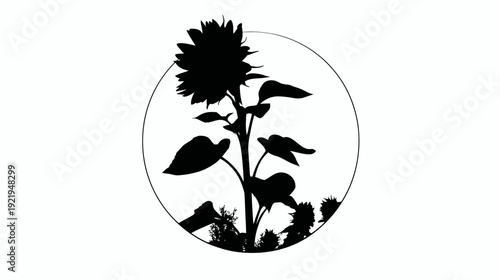 A black silhouette of a sunflower and foliage, enclosed in a circle, on a white background