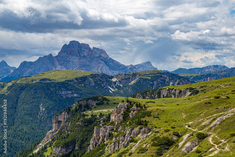Naklejka premium Mountain landscape with Tre Cime di Lavaredo view. Dolomites mountains. Italy
